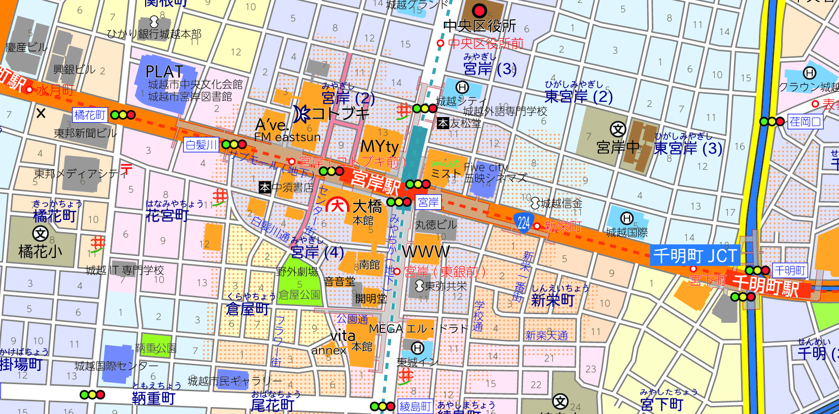 城越市中心部の地図